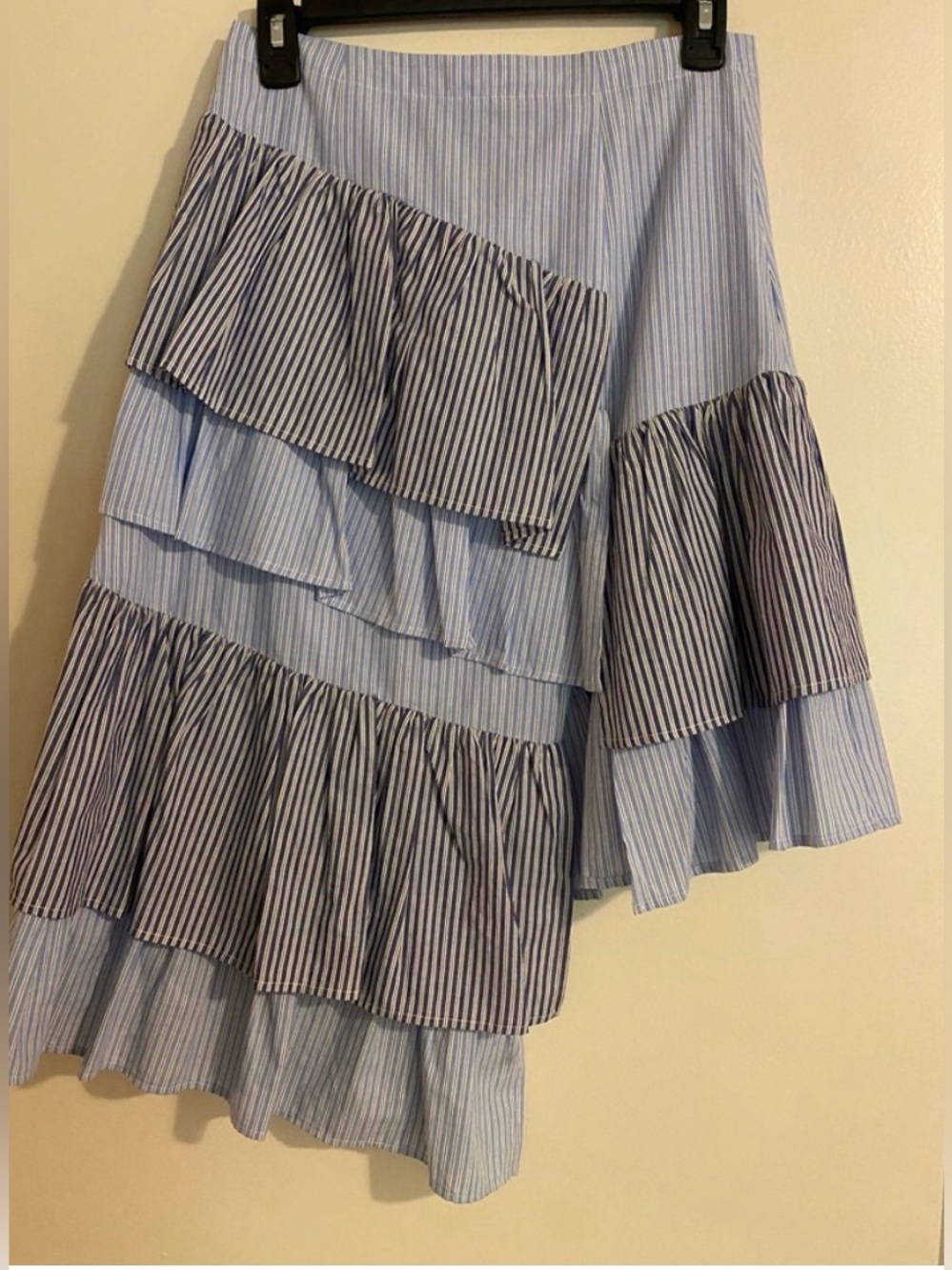 EUC REVOLVE x L’Academie Asymmetrical Ruffle Skirt • Blue & White Stripe • Sm - Picture 2 of 4